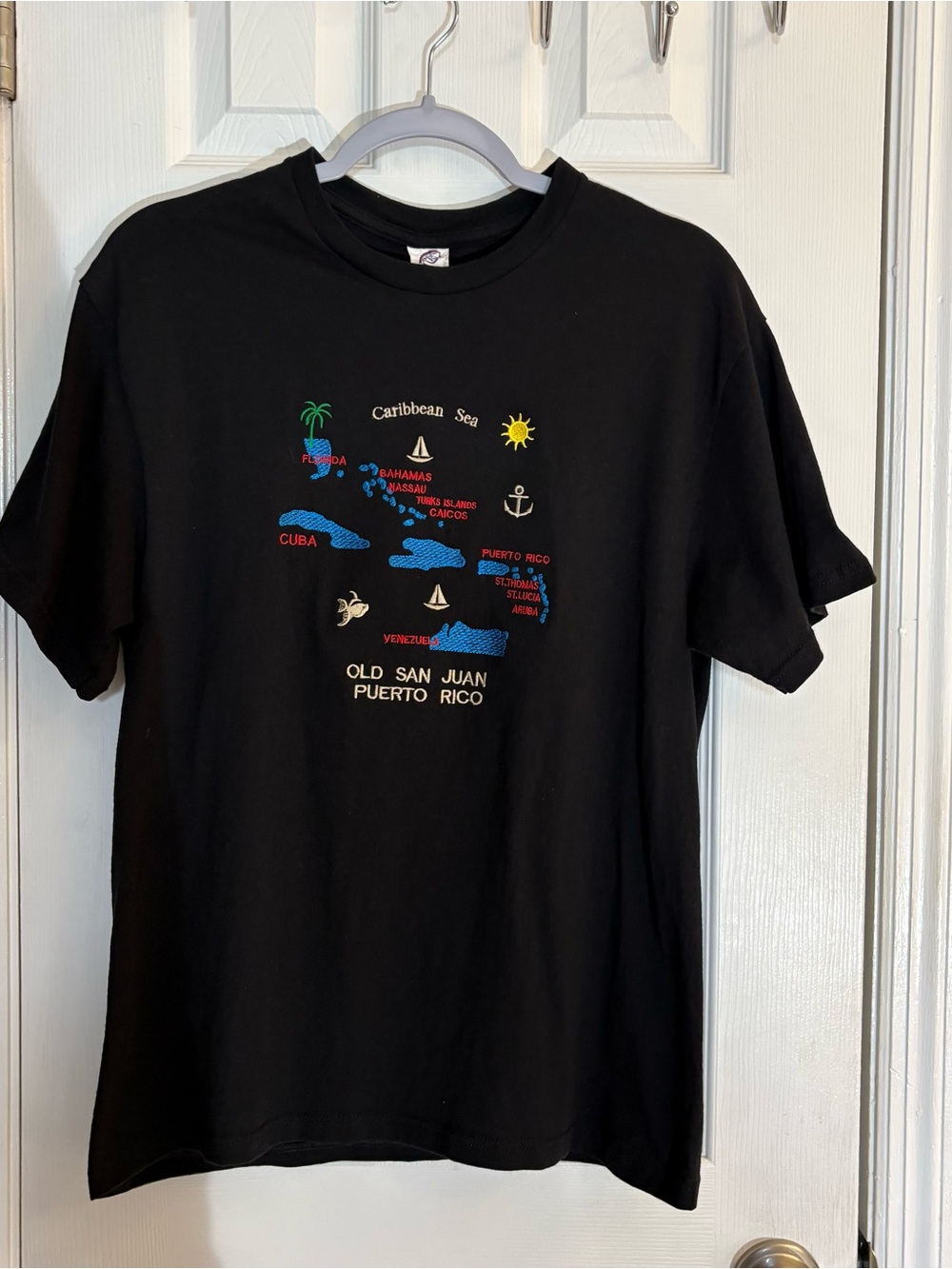 Vintage Delta Black Short-Sleeve Tee with Multicolor Caribbean Map Graphic